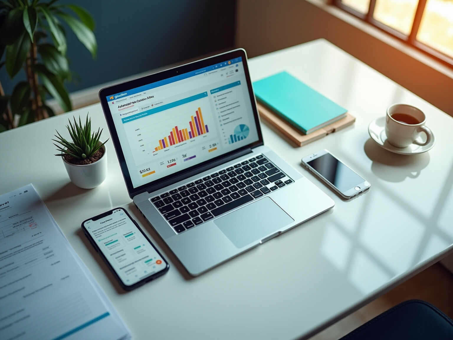 Modern workspace with multiple devices showing connected accounting software